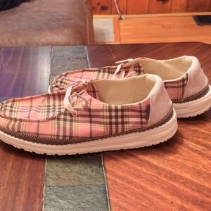 Hey Dude Plaid Pink and Brown Flats